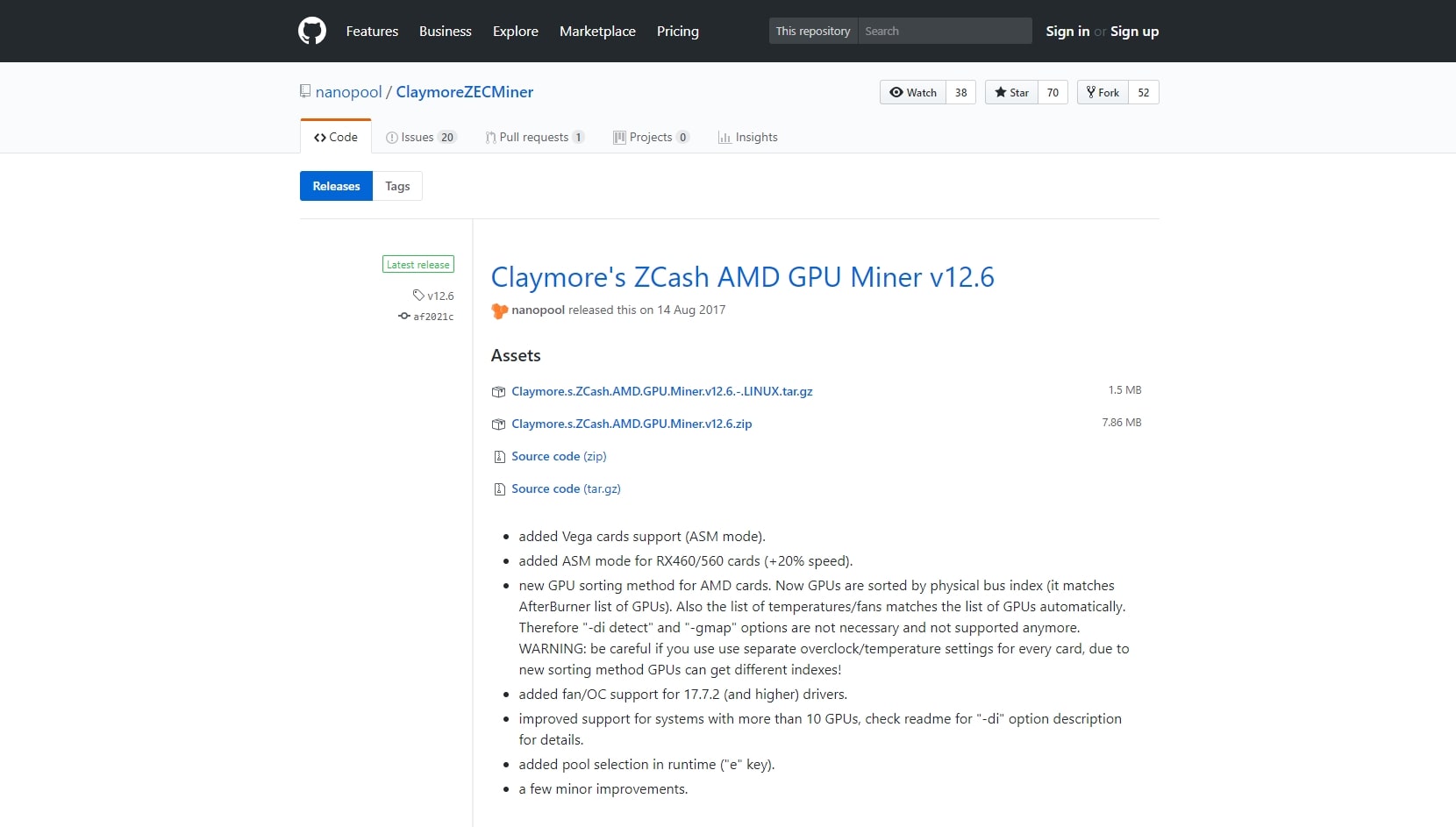 Страница майнера Claymore's ZCash AMD GPU Miner на GitHub