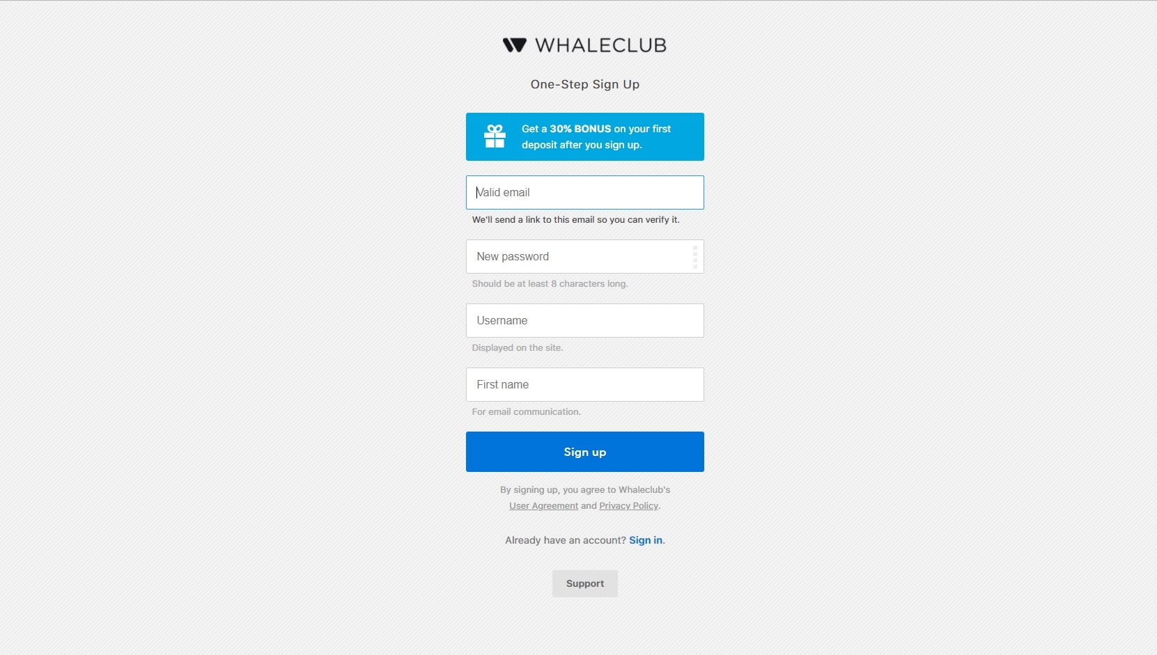 Процедура регистрации на бирже Whaleclub